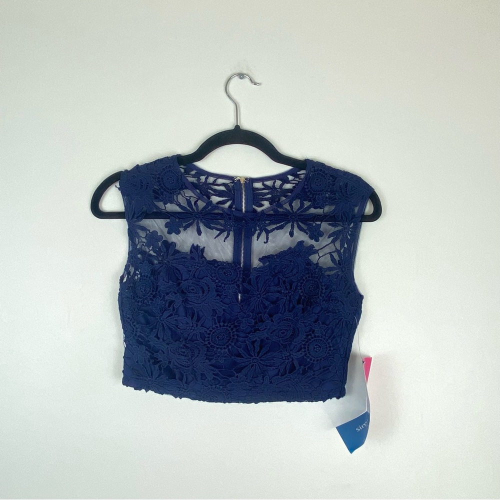 Maniju Womens Small Prom Formal Dress Crop Top Lace Sheer Sleeveless Navy Blue